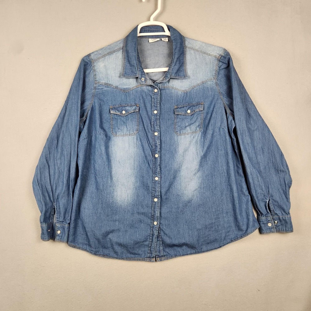 Cato Woman Shirt Womens Plus 18/20W Blue Denim Long Sleeve Button Front Western